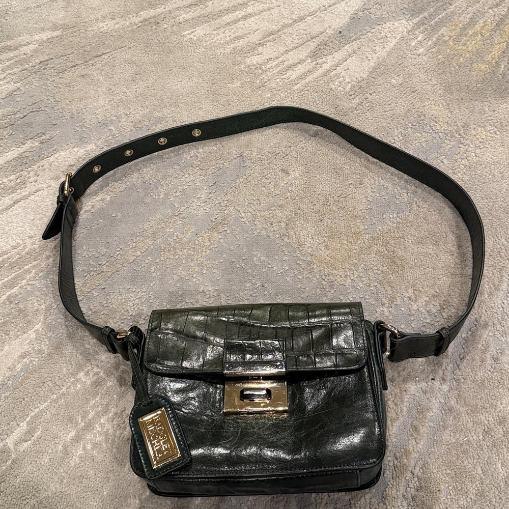 Vintage Badgley Mischka dark Green Leather & Croc-Embossed Shoulder Bag GUC